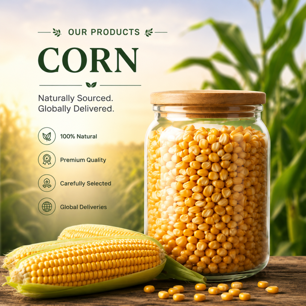 Premium yellow corn kernels in glass jar with fresh corn for global agricultural export trade.