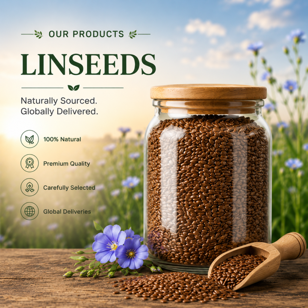 Premium brown linseeds in glass jar with flax flowers for global agricultural export trade.