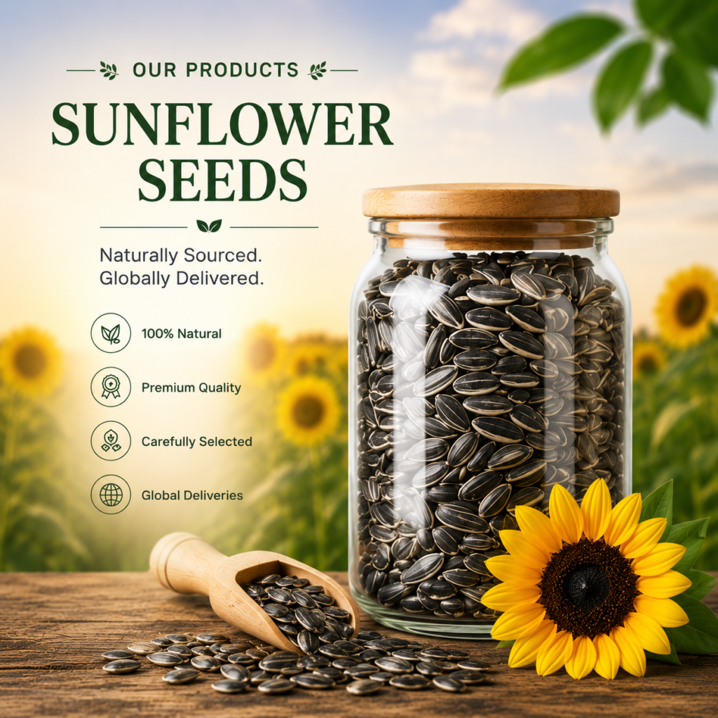 Premium sunflower seeds in glass jar with sunflower flower for global agricultural export trade.