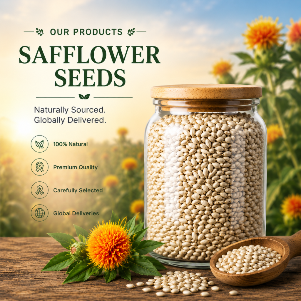 Premium safflower seeds in glass jar with safflower flower for global agricultural export trade.