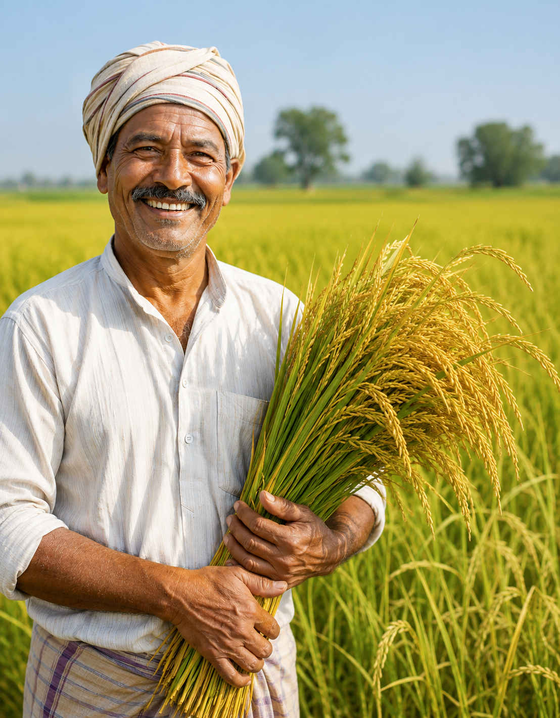 Indian farmer harvesting fresh rice crops in agricultural field for global commodity trade and export.