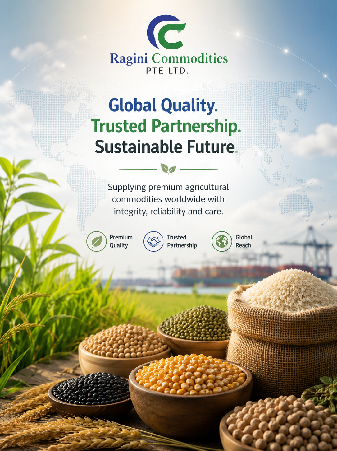 Ragini Commodities global agricultural trade banner featuring rice, pulses, corn, and oilseeds for international export.