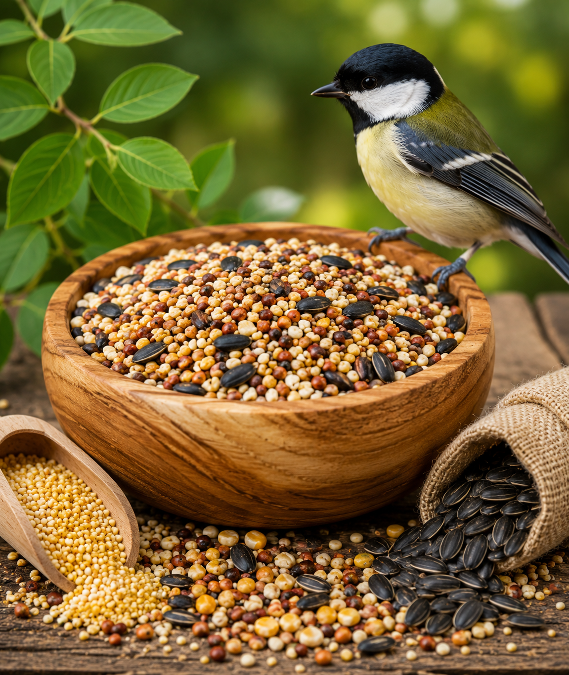 Premium bird seed mix with millets, sunflower seeds, and cereal grains for global bird feed export.