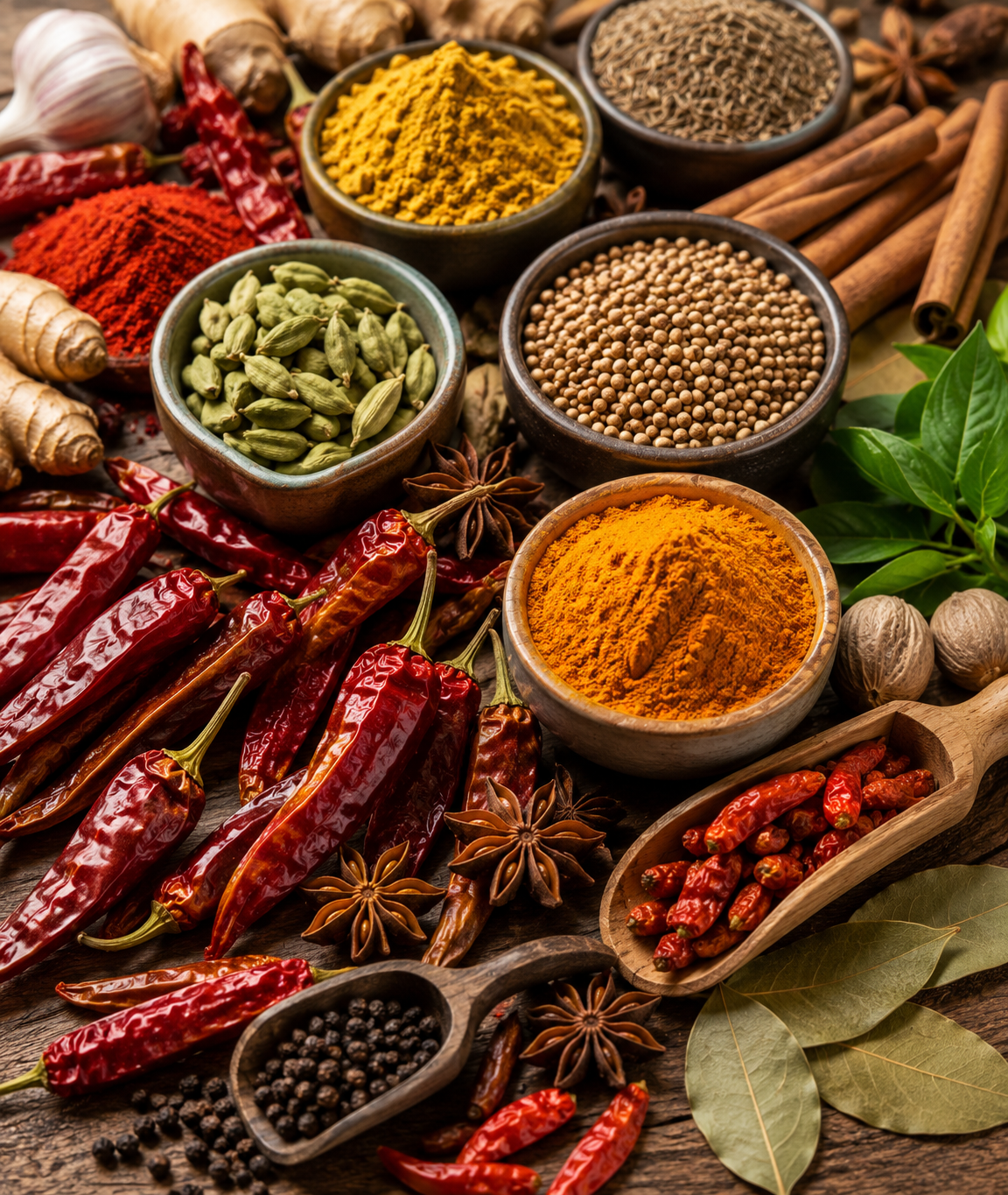 Premium Indian spices including turmeric, red chili, coriander, cumin, black pepper, and cardamom for global export.