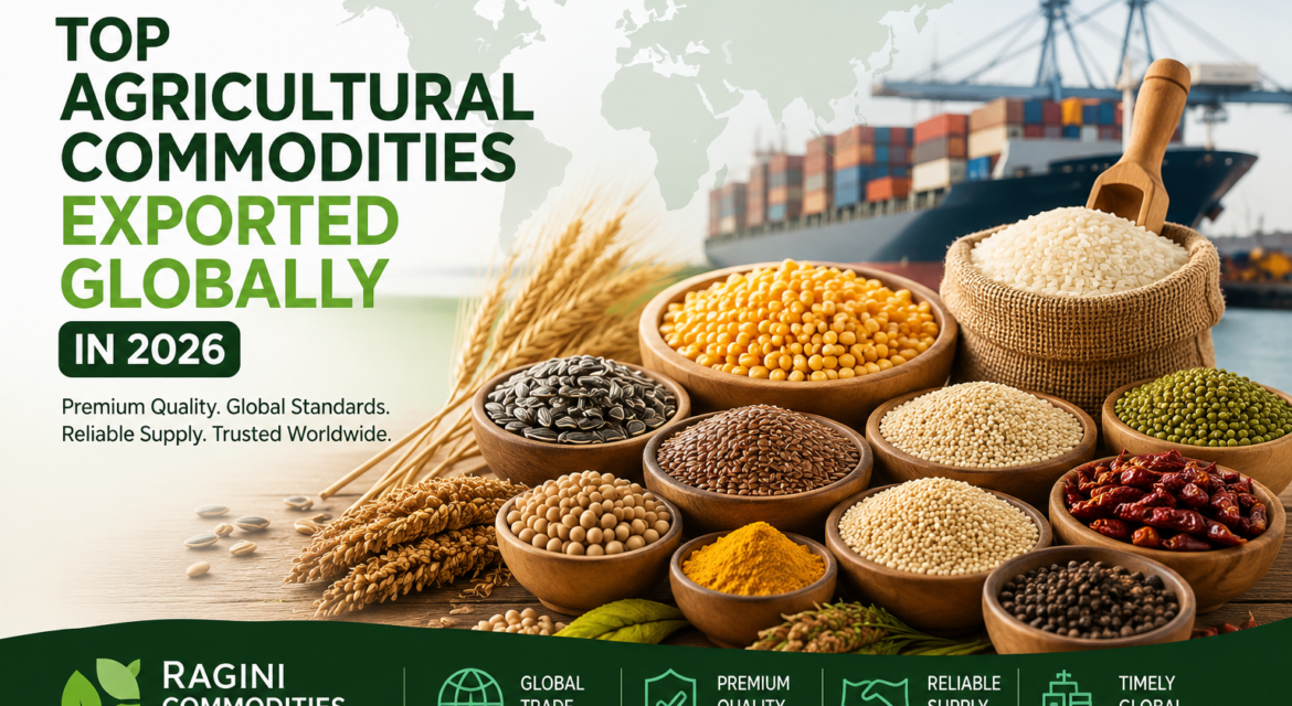 Global agricultural commodities including rice, corn, oilseeds, millets, spices, and bird seeds displayed with cargo shipping background.
