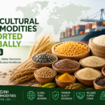 Global agricultural commodities including rice, corn, oilseeds, millets, spices, and bird seeds displayed with cargo shipping background.