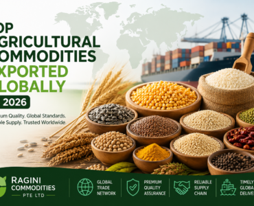 Global agricultural commodities including rice, corn, oilseeds, millets, spices, and bird seeds displayed with cargo shipping background.
