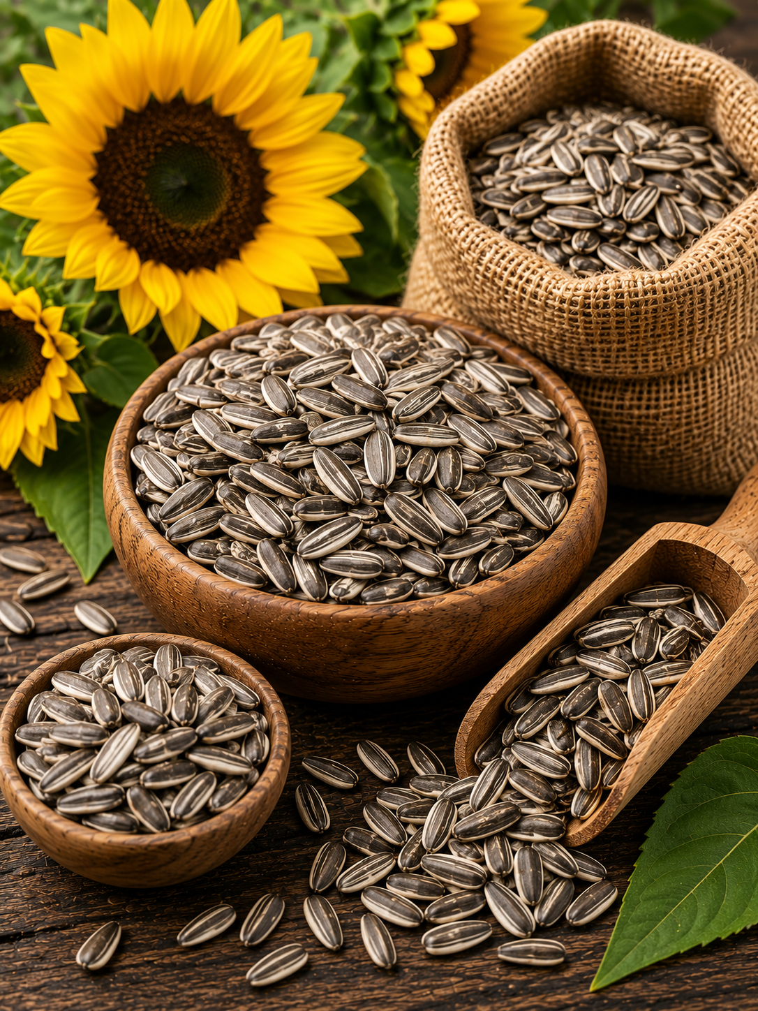 Premium sunflower seeds displayed in wooden bowls and burlap sacks with sunflower field background for global export.